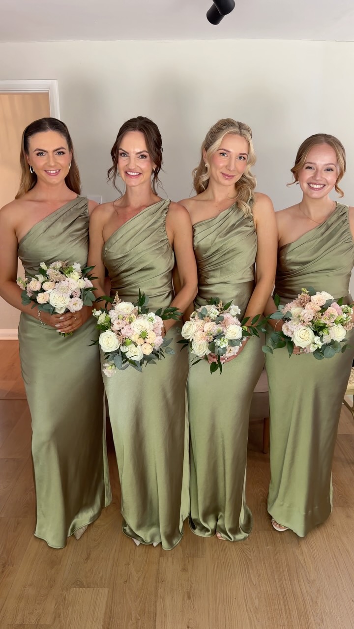 bridesmaid makeup for green dress Alysha’s bridesmaids from the previous vlog 🪄, by me @dgcollaborativehairmakeup , Bridesmaid hair by @blush.and.bows , How gorgeous does the olive look🫒 , Venue @granaryestates mermaid princess