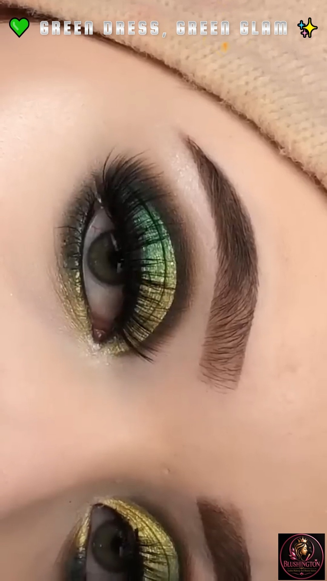 makeup for olive green dress 💚 DRESS, GREEN GLAM! ✨, A little green eyeshadow can take your whole look to the next level! 😍💄, Would you try this look with a green dress? 💚, 👇 YES or NO?, 📍 Blushington Ladies Salon, Old Money Fashion