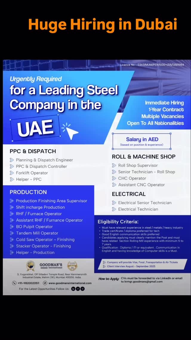 Urgently Hiring for a Leading Steel Company in the UAE Immediate Hiring ...