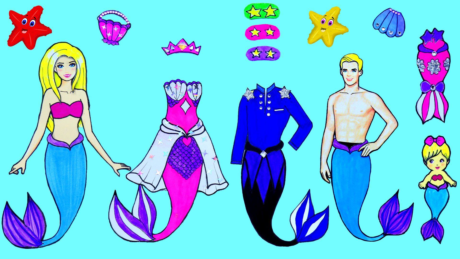 mermaid dress up set paper Dolls Costumes Clothes Simple Paper Crafts Dresses Handmade Quiet Book | WOA Paper Dolls Halloween costume Size:34x30 nav-423 KissProm Sky Blue Strapless remove perforated pages