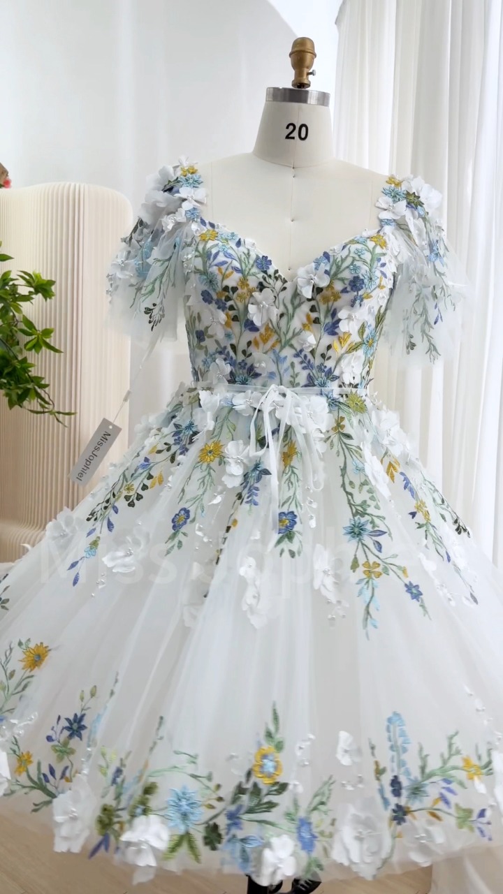 Plus Size Colorful Floral Applique Midi Wedding Dress Custom Made