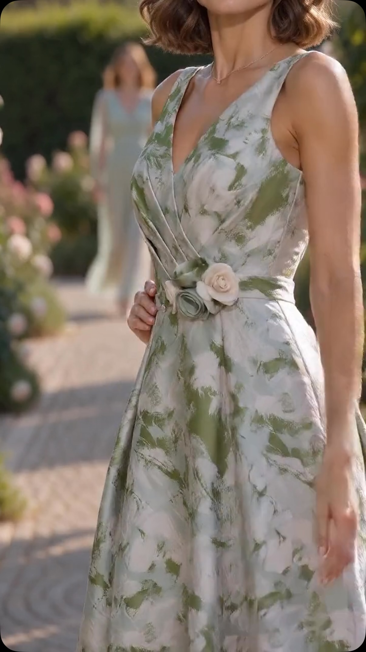 green daytime dress Green‑toned floral midi gown ✨, Deep V sleeveless cut paired with delicate fabric flower detail at waist., Soft watercolor print brings gentle garden‑romance vibes., Light, elegant fit, ideal global-length-Mini