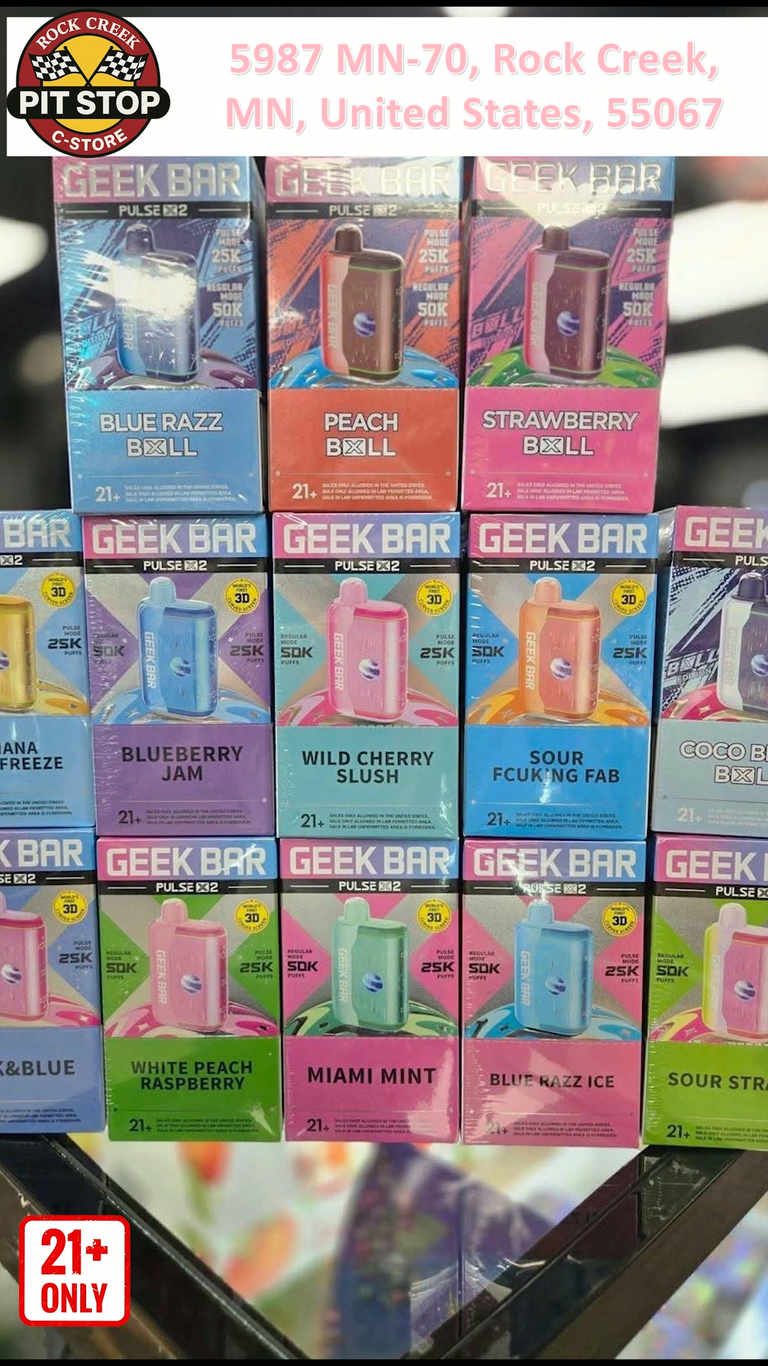 every geek bar flavors 🔥 FULLY STOCKED: ALL ARE HERE! 🔥, Looking for your go-to flavor? We’ve got the ENTIRE Geek Bar lineup ready for you right now at Rock Creek Pit Stop! 💨, Whether you're passing through Sour Tropical Vape Choose Flavor:California Cherry Geek Bar Pulse 15000