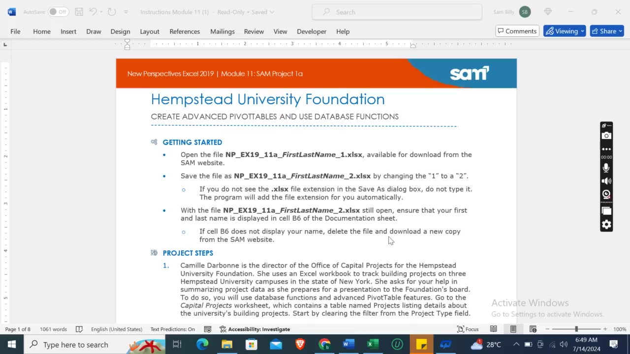 Excel 2019 | Module 11: SAM Project 1a | Hempstead University ...
