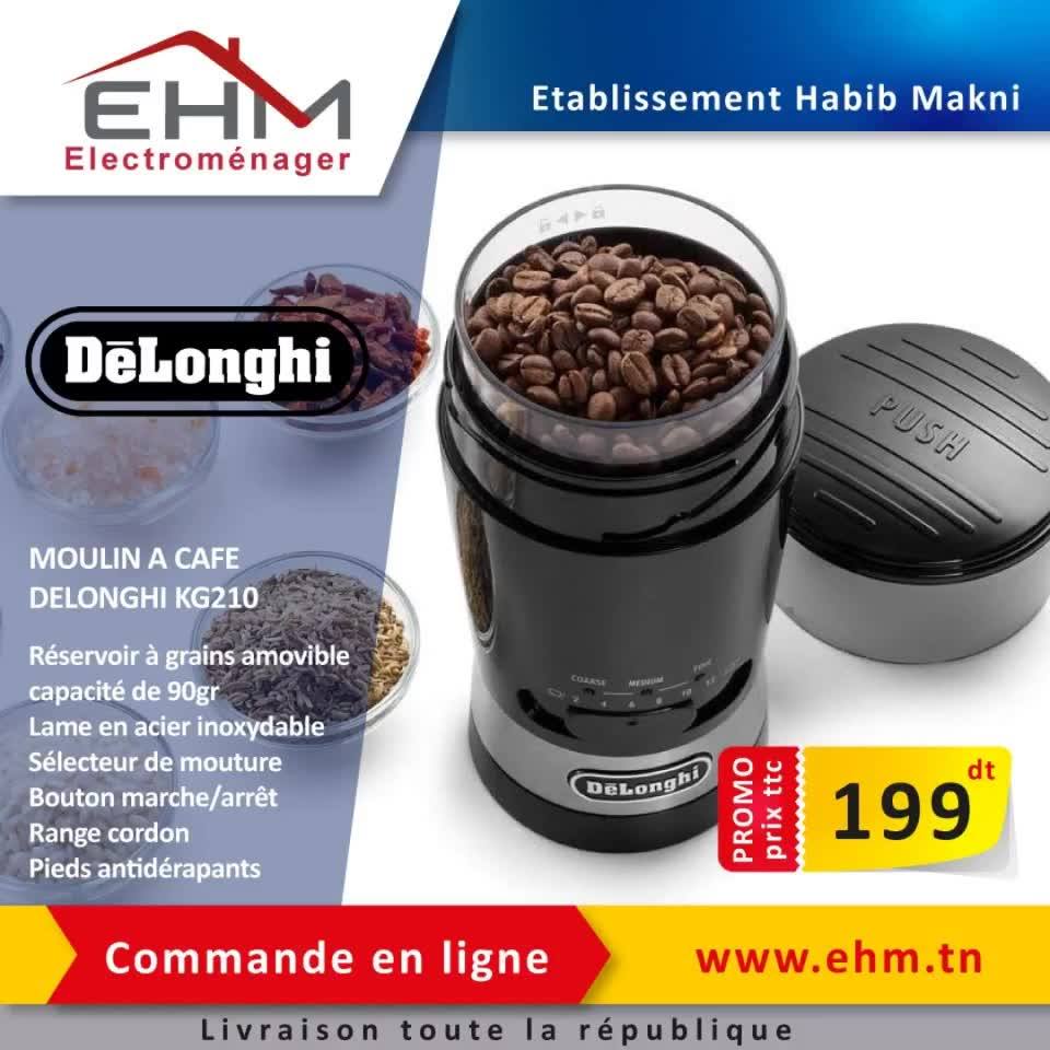 Moulin à Café De'Longhi KG210 - 90g Grains - Broyeur Réglable - 12 Tasses