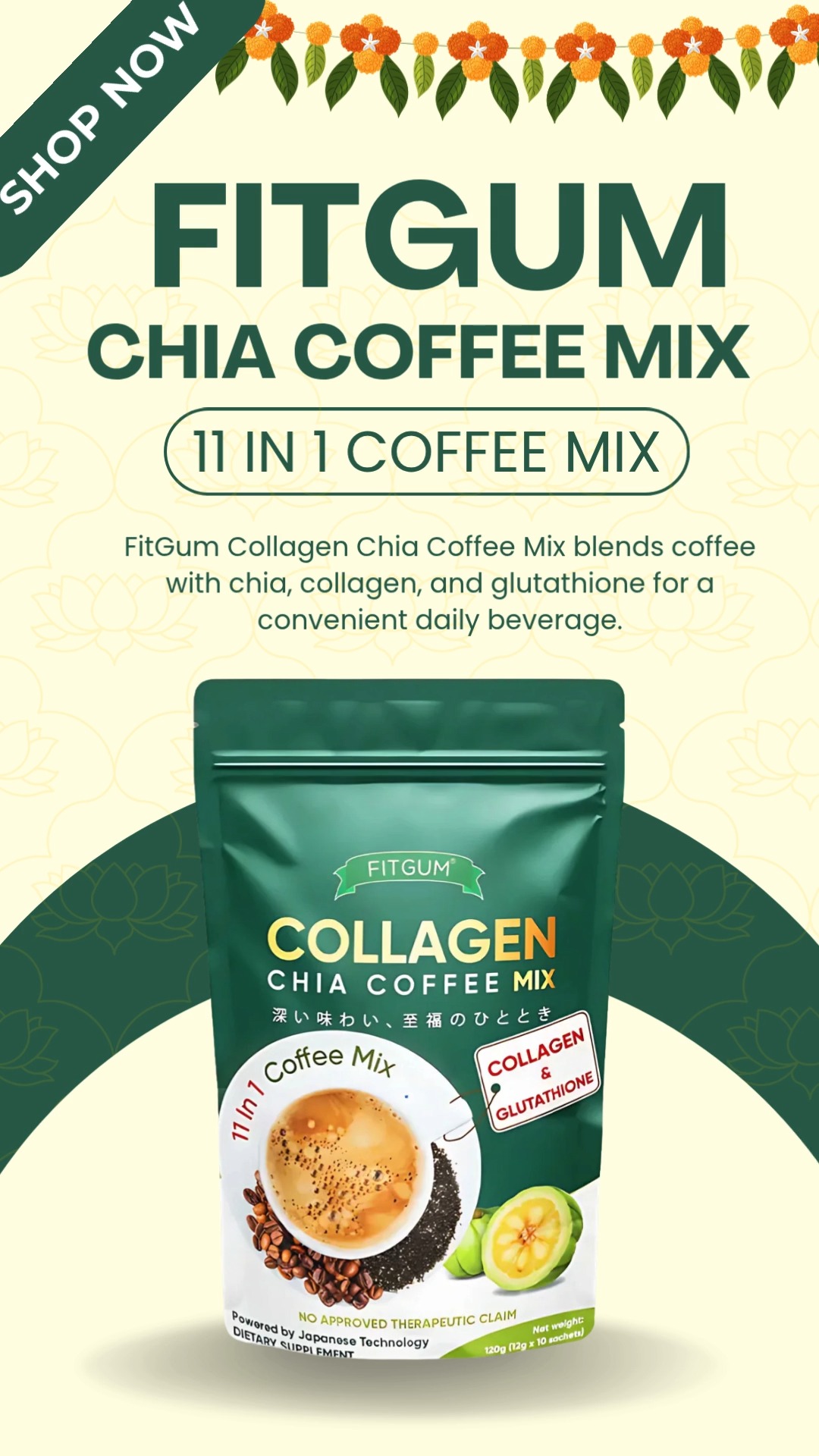 ✨ Start your day with a delicious wellness boost! ☕💚, Meet FITGUM Collagen Chia Coffee Mix – a smooth and flavorful 11-in-1 coffee blend with Collagen, Chia Seeds, and Glutathione. Perfect for coffee 