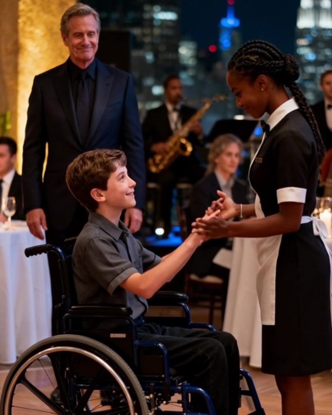 A billionaire father watches a Black waitress let his disabled son lead ...