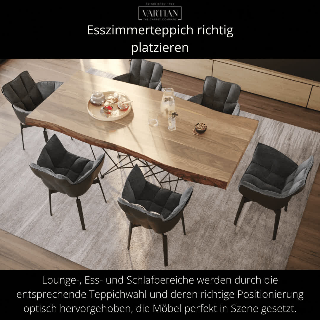 Ein Teppich unter dem Esstisch sorgt für Gemütlichkeit und Wärme. Erst die richtige Positionierung eines Teppichs wird den Gesamteindruck der Farben und des Designs eines Raumes oder Raumbereiches