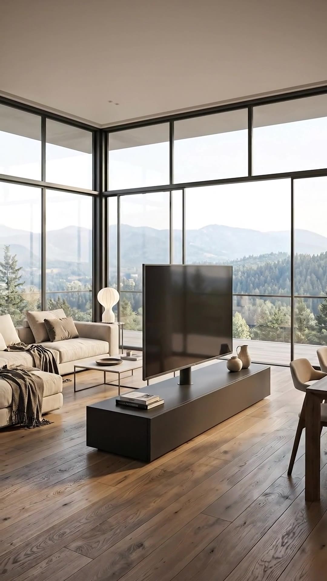 Entdecke elegante Lösungen für offene Wohnräume! Dieses Video zeigt, wie freistehende TV-Möbel und Sideboards aus Holz als stilvolle Raumteiler in lichtdurchfluteten Wohnzimmern mit großen