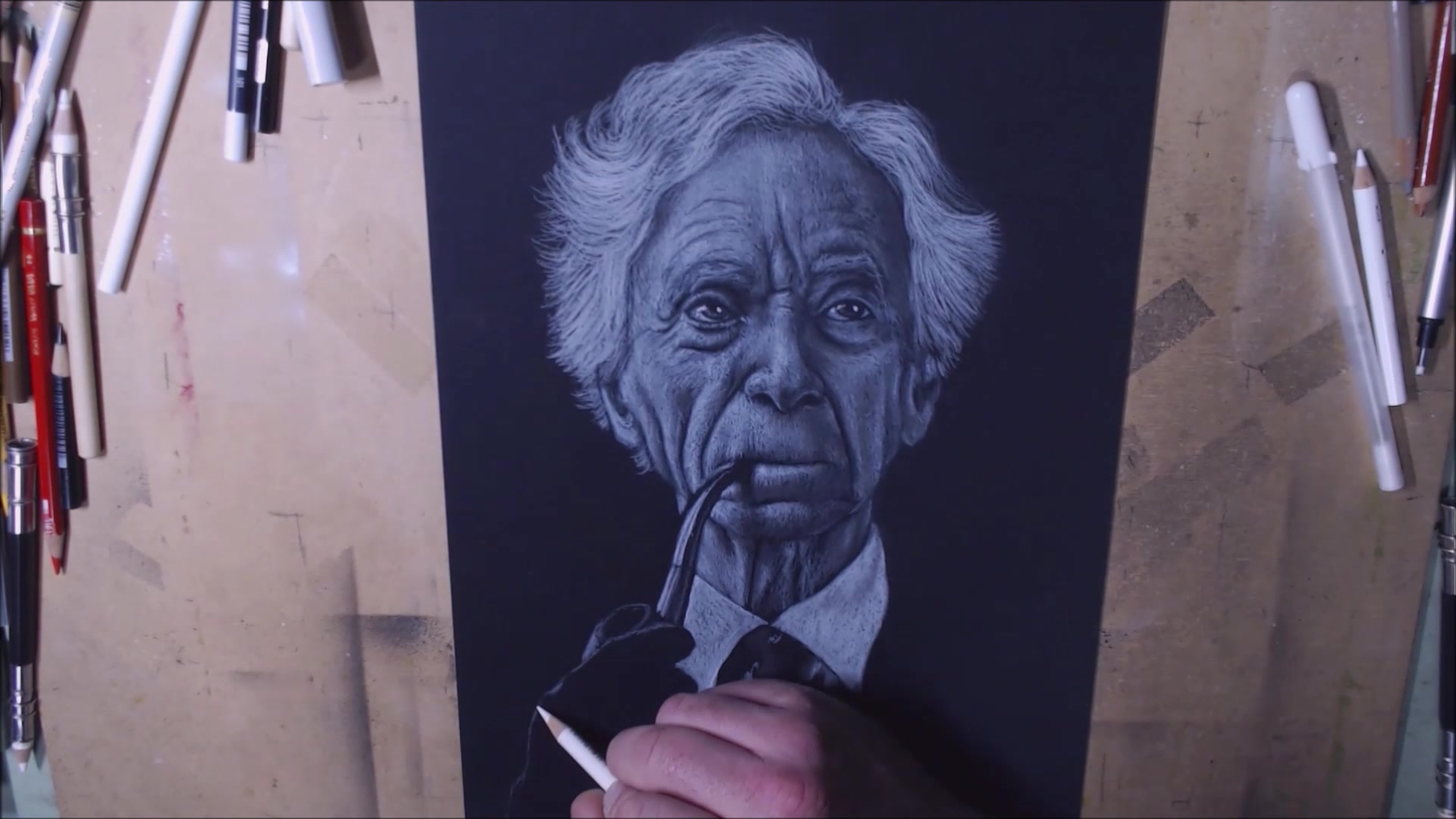 Bertrand Russell portrait in charcoal, colored pencil, and acrylic