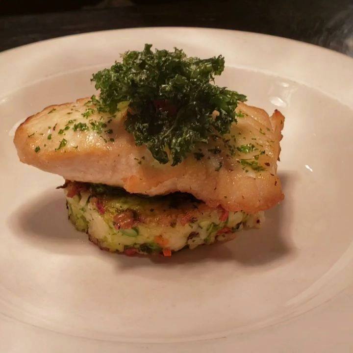 Chef Special: Fesh pan seared halibut with crispy vegetable risotto ...