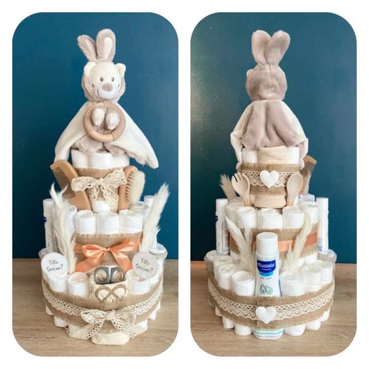 Gâteau De Couches Tout Jute Pour Naissance - 3 étages, 43 Couches Taille 2 (4-8 Kg) - Décorations Fleurs En Soie, Emballé Cadeau