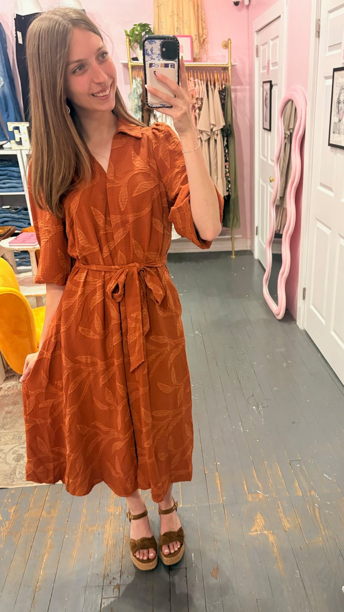 rust colored flowy dress 🍂 Kay is making us want ALL the fall dresses! 🤎 This gorgeous is flowy, flattering and so easy to wear. Pair it with sandals now and boots when the temps finally cool down! 🍁, Price-$2