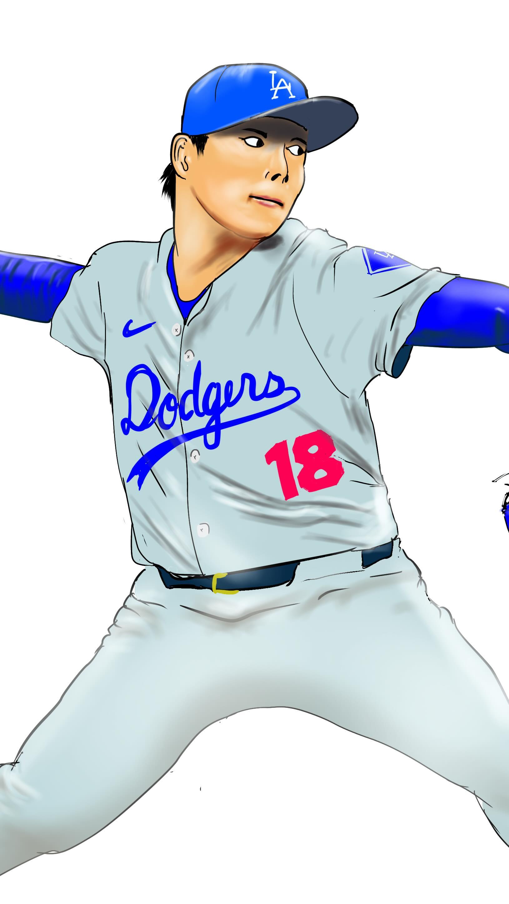 dodgers #山本由伸 #似顔絵イラスト ユニフォームの皺とかグラブとか肌