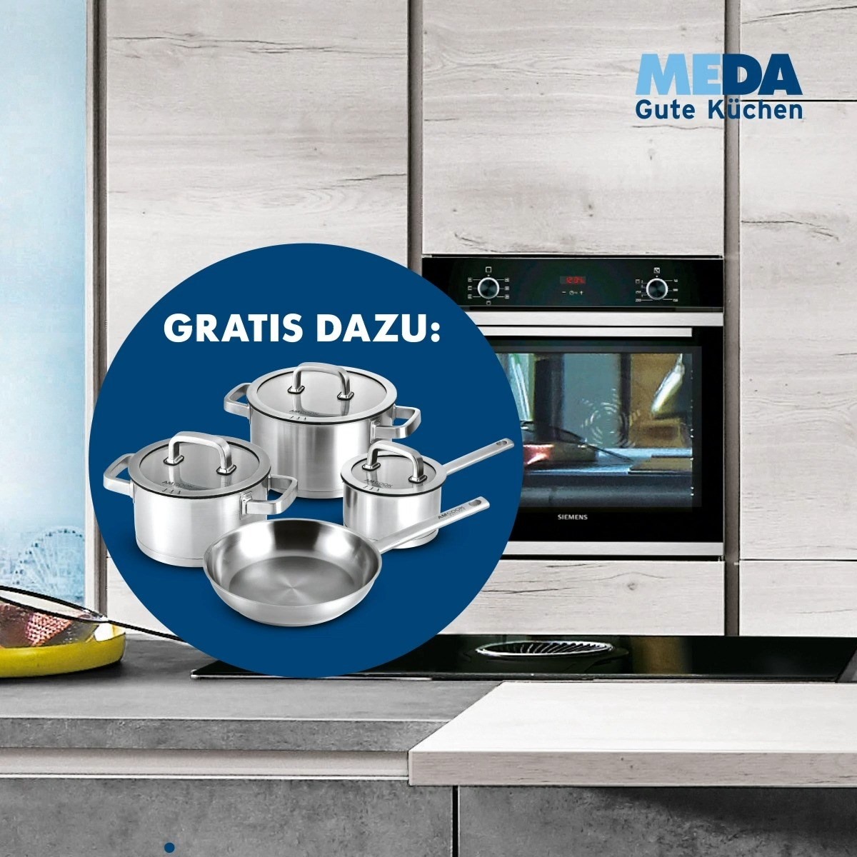 Topf Angebot! 😍, Bei Planung eines SIEMENS Muldenlüfter-Kochfeldes in Deiner Küche, gibt es, bis zum 22.12.2020 für Neuaufträge einer frei geplnten Küche, gratis ein 4-teiliges Muldenlüfter Topf-Set