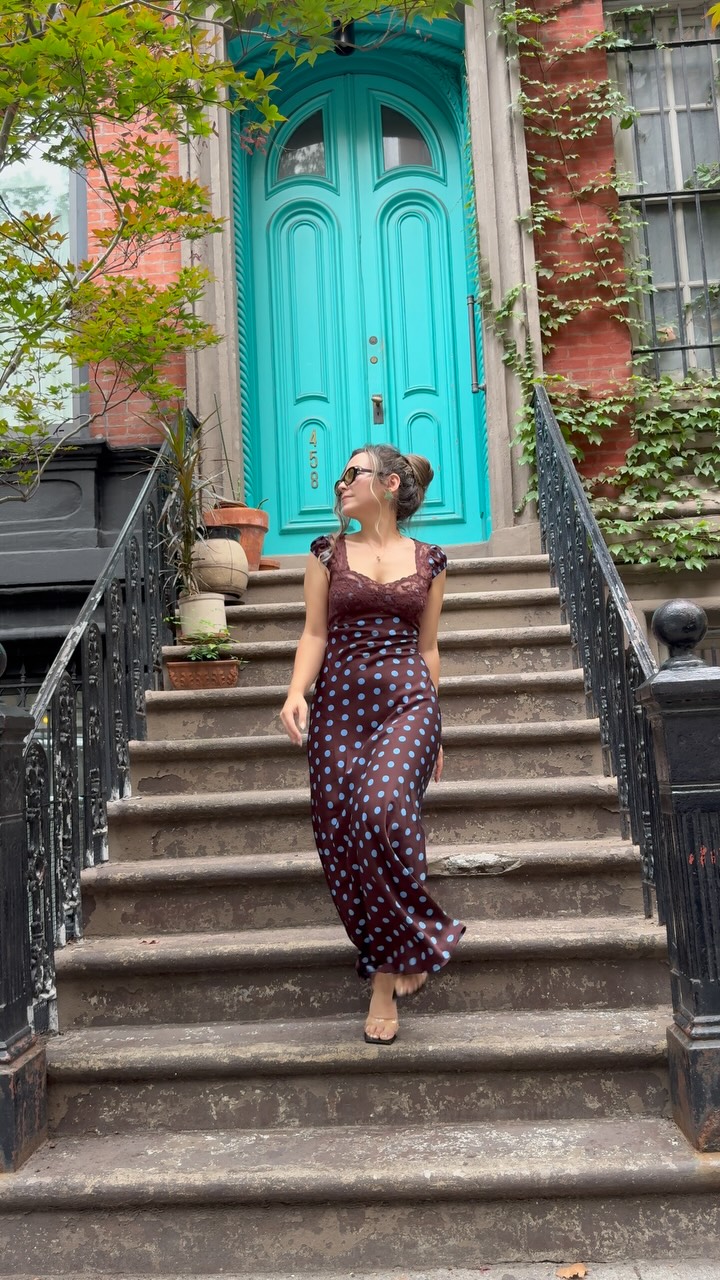 before i fall blue dress Walking my usual office-to-subway route... except today took a new one, and found the only door in NYC as loud as this dress. Lucky fashion moment ;), polka dot maxi in cherry-chocolate burgundy Fall movie Size:Petite XL jm-victoria-shirt-dress Deep V-Back Short Beaded
