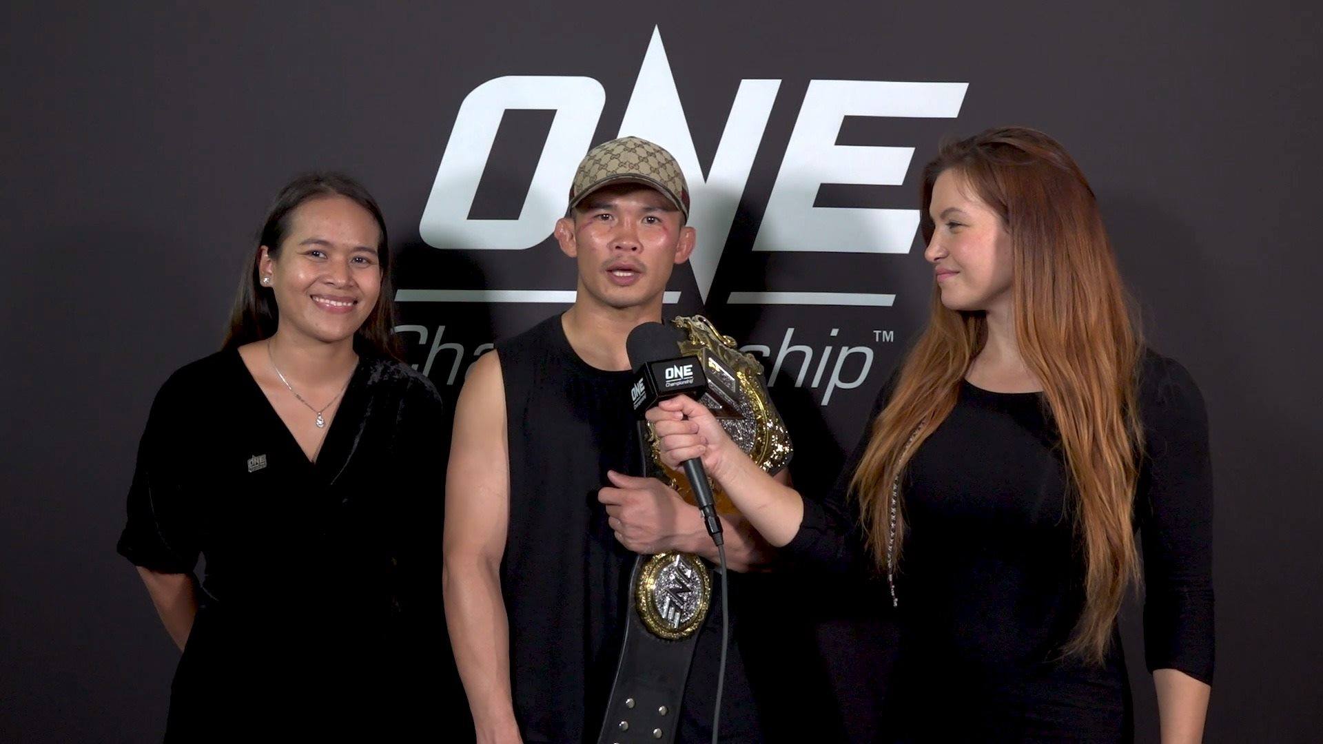 One Championship Backstage Interview Miesha Tate Caught Up With Nong O Gaiyanghadao Right After His Thrilling One Bantamweight Muay Thai World Title Defense Against Brice Delval Facebook