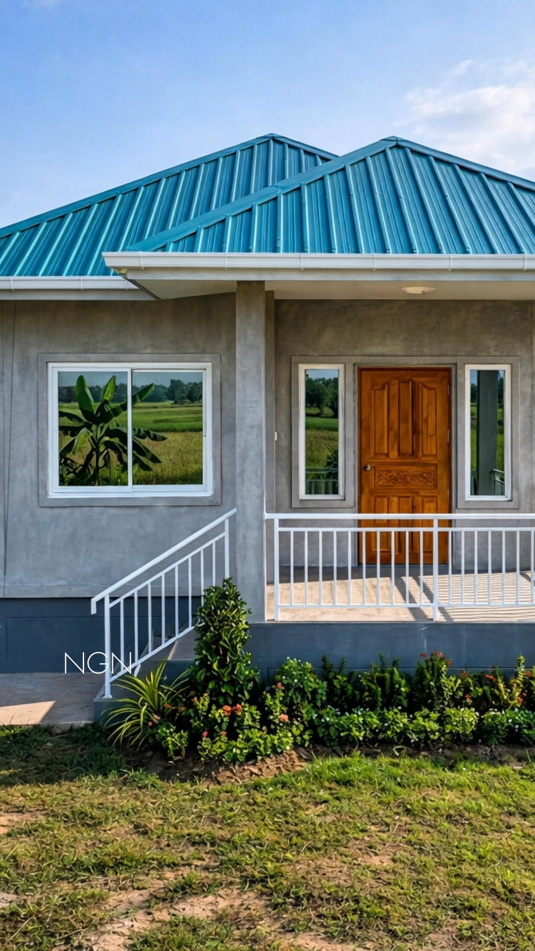 🇵🇭A simple House bungalow with light-gray cement walls, teal metal roof ...