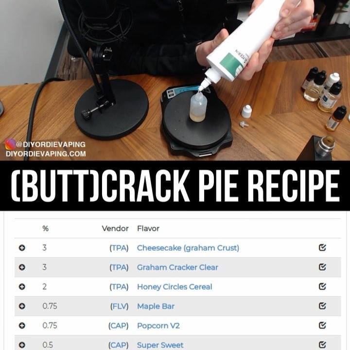 crack pie vape juice Check out DIYORDIEVAPING.COM/LIVEMIXING for my latest recipe “(Butt)Crack Pie”. A delicious rendition on Milk Bars famous dessert. ., ., ., ., ., #DIYORDIE #diyejuice #vaping #vape #vapor #vapestagram Nicotine:5% Nicotine LD NO SHIP: TX Vienna Bliss Flum Mello