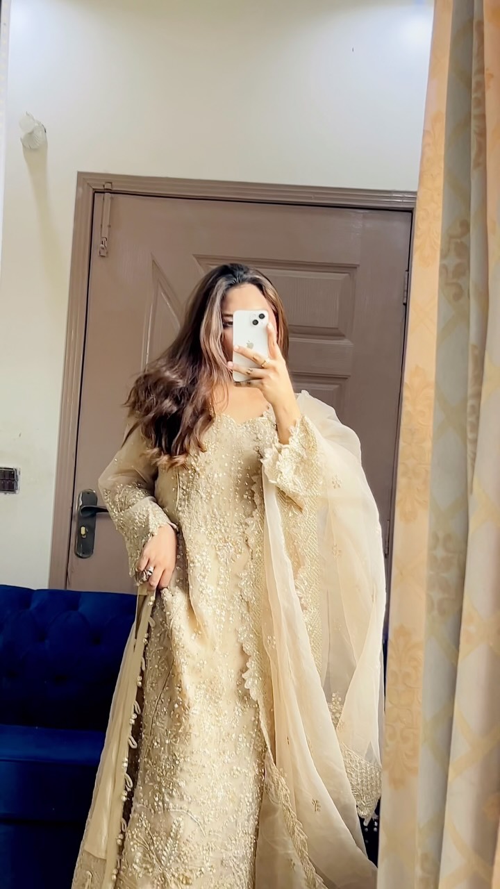 golden ethnic dress ✨ Made to fit. Made to celebrate., A little glow, intricate embroidery, and a silhouette that feels just as beautiful as it looks. ✨ This portly-toned ensemble is perfect for evening golden lehenga pakistani