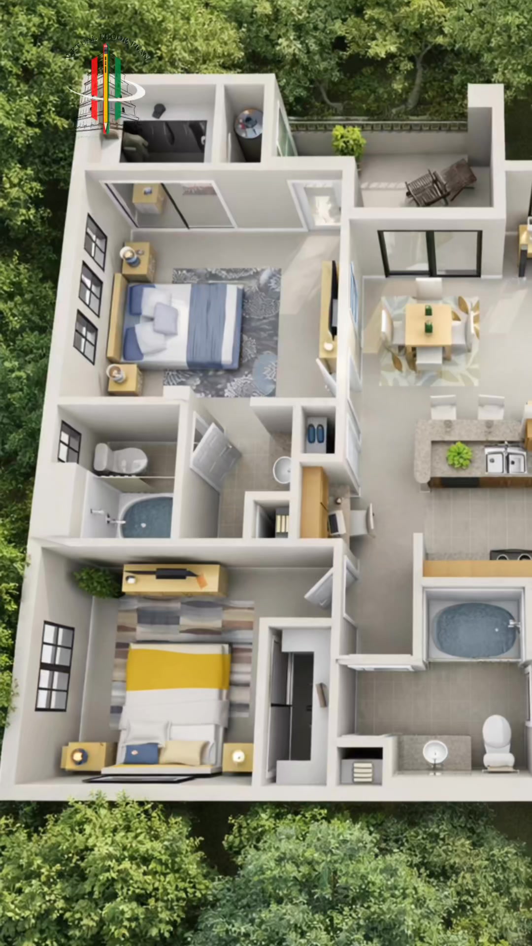 Three Bedroom Apartment 3D Floor Plan Design | Modern & Spacious Layout ...