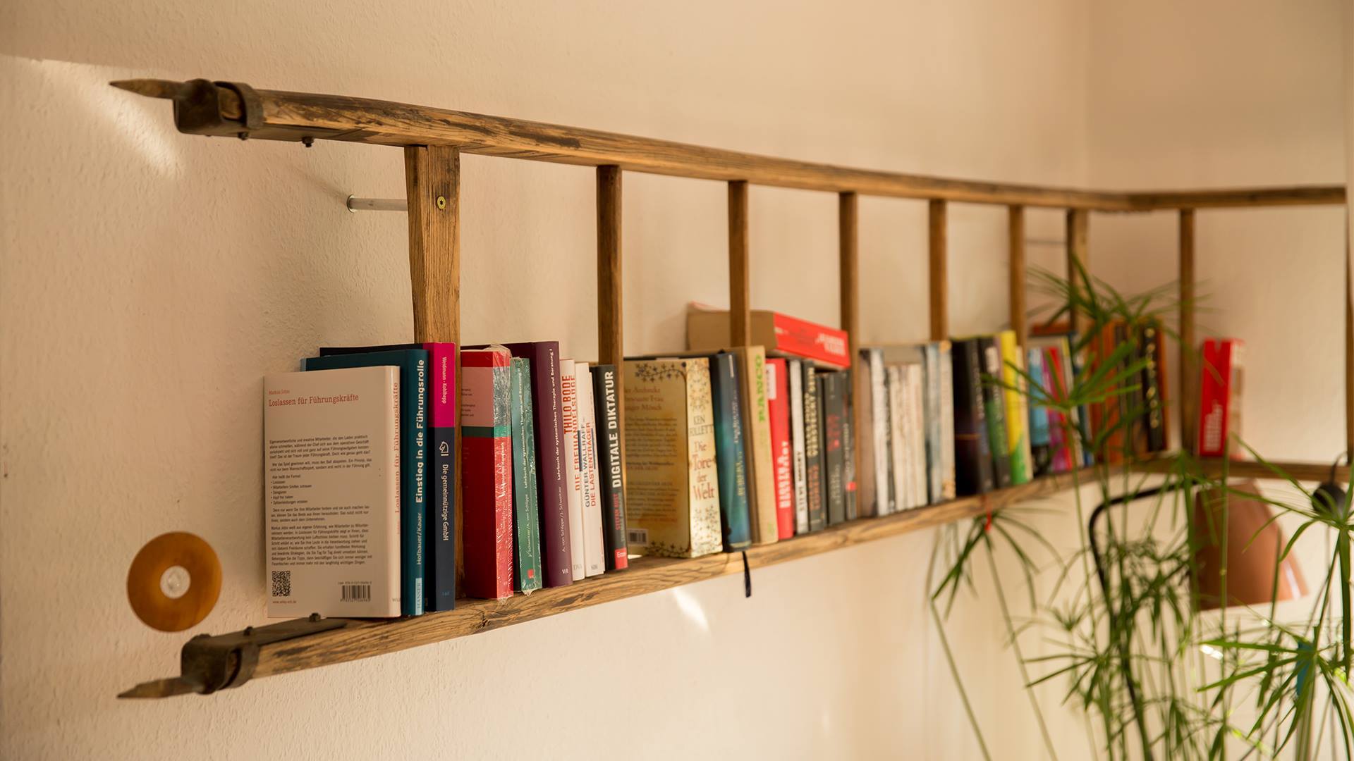 Fehlt dir noch der richtige Hingucker im Wohnzimmer?, Dann baue aus alten Leitern ein wunderschönes Bücherregal!, Mit der Anleitung unter www.madebymyself.de gelingt es dir garantiert!