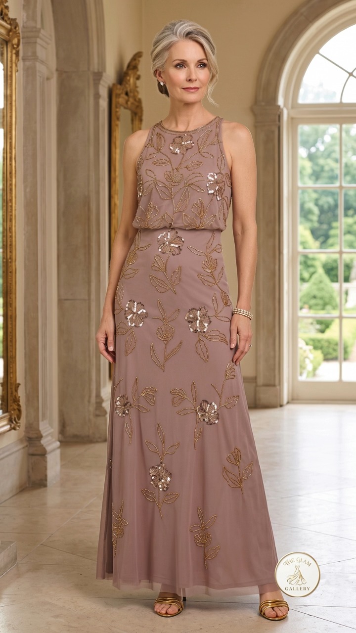 Taupe Maxi Dress with Floral Sequin Embroidery for Evening Events