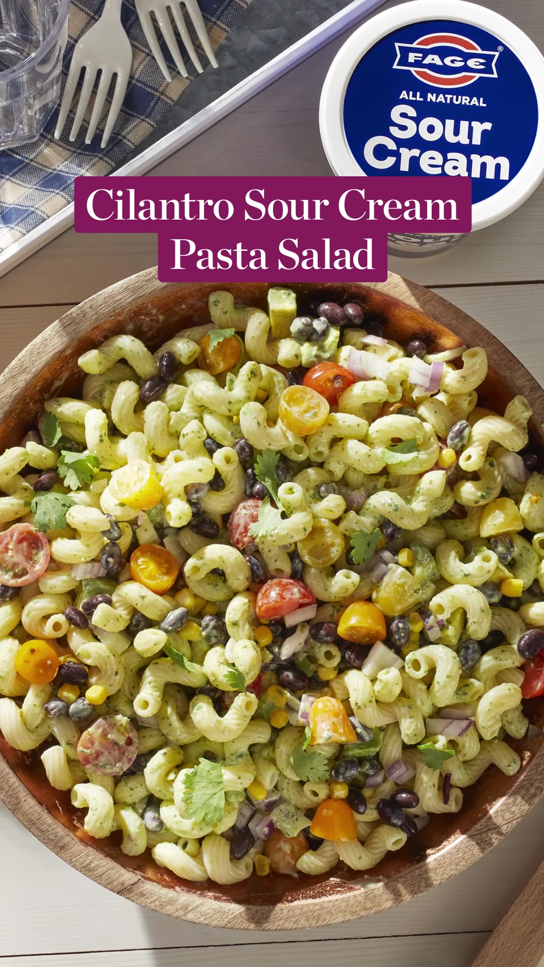 The key to a tasty pasta salad is in the dressing! Add a burst of flavor with this zesty cilantro sour cream dressing. https://bit.ly/4ce9Red | FAGE