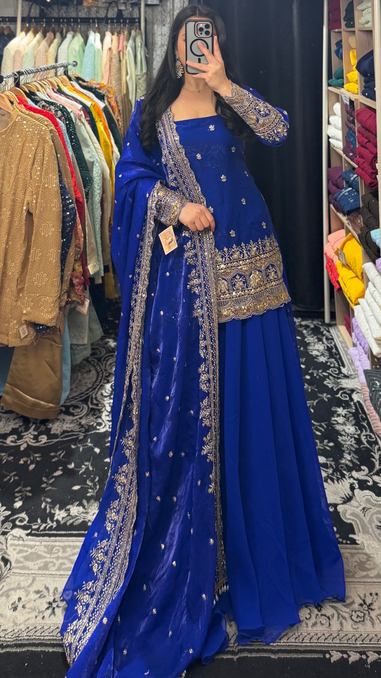 royal blue and gold indian dress Rich, regal, effortlessly captivating. This exclusive navy crushed tissue sharara is paired with a beautifully tailored short kurti, creating a graceful silhouette that blends traditional Ankle-Length