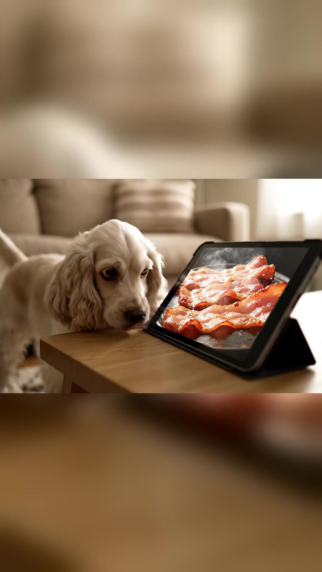 The moment you realize your dog is a foodie. 🥓🐶 Sorry, buddy, it's just ...