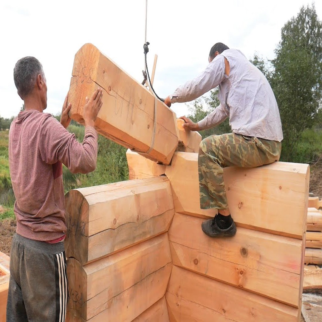 200M - These Wonderful Guys Built A House From Big Logs In...