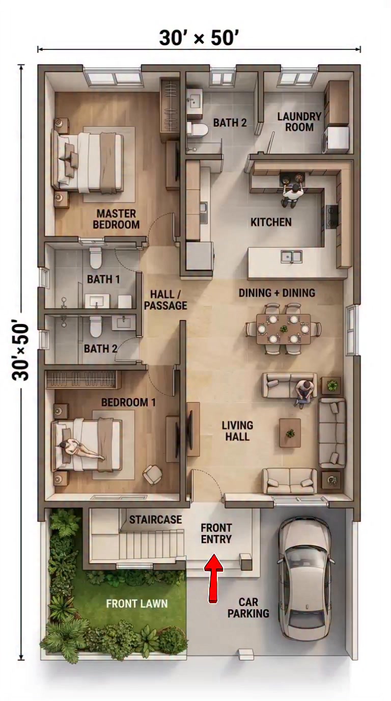 30x50 House Plan | 2BHK Floor Plan with Parking & Garden