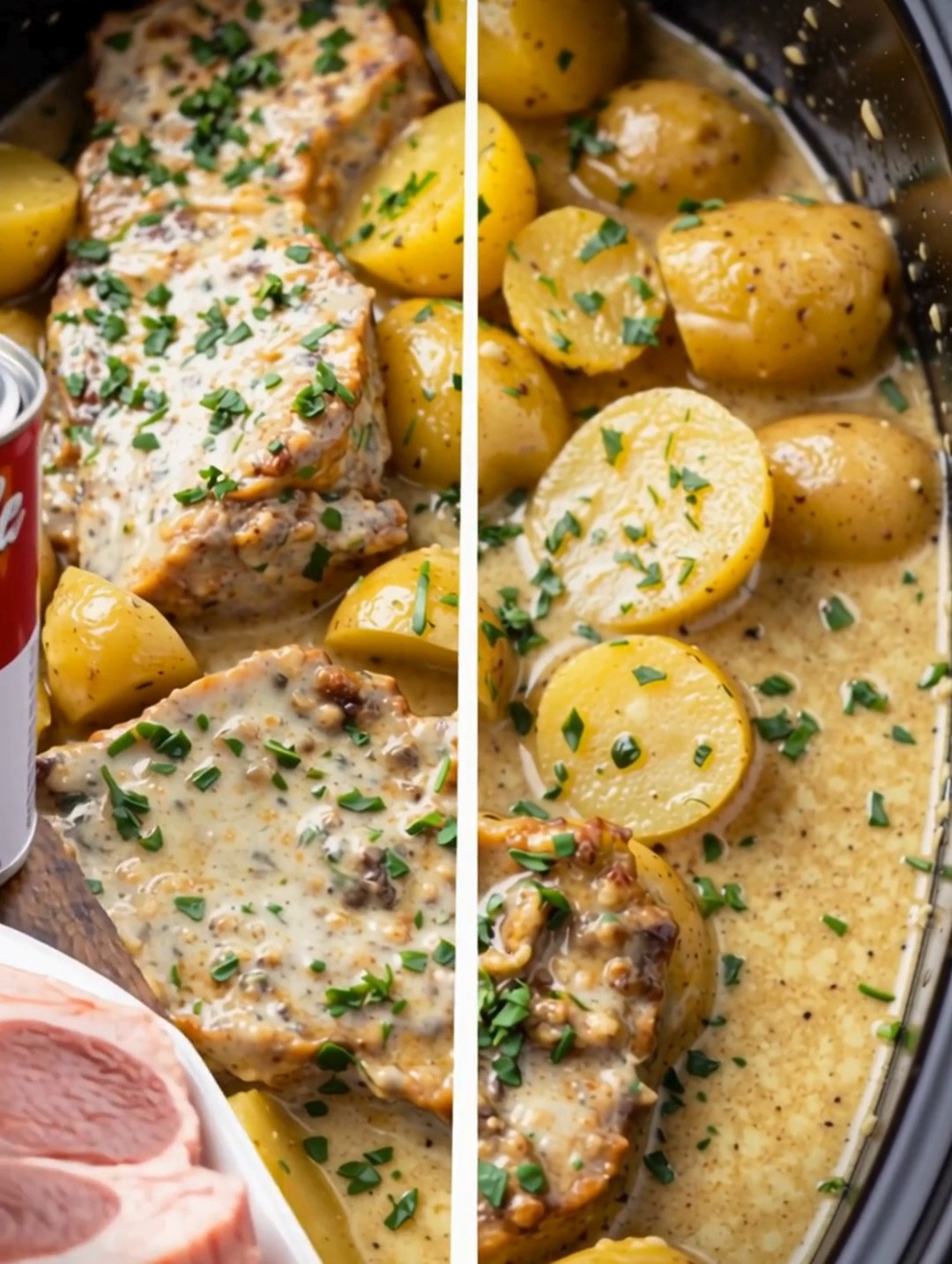 3-Ingredient Crockpot Ranch Pork Chops, Ingredients, 4–6 pork chops, 1 packet ranch seasoning mix, 1 can cream of mushroom soup (or cream of chicken), Instructions, Place the pork chops in the bottom 