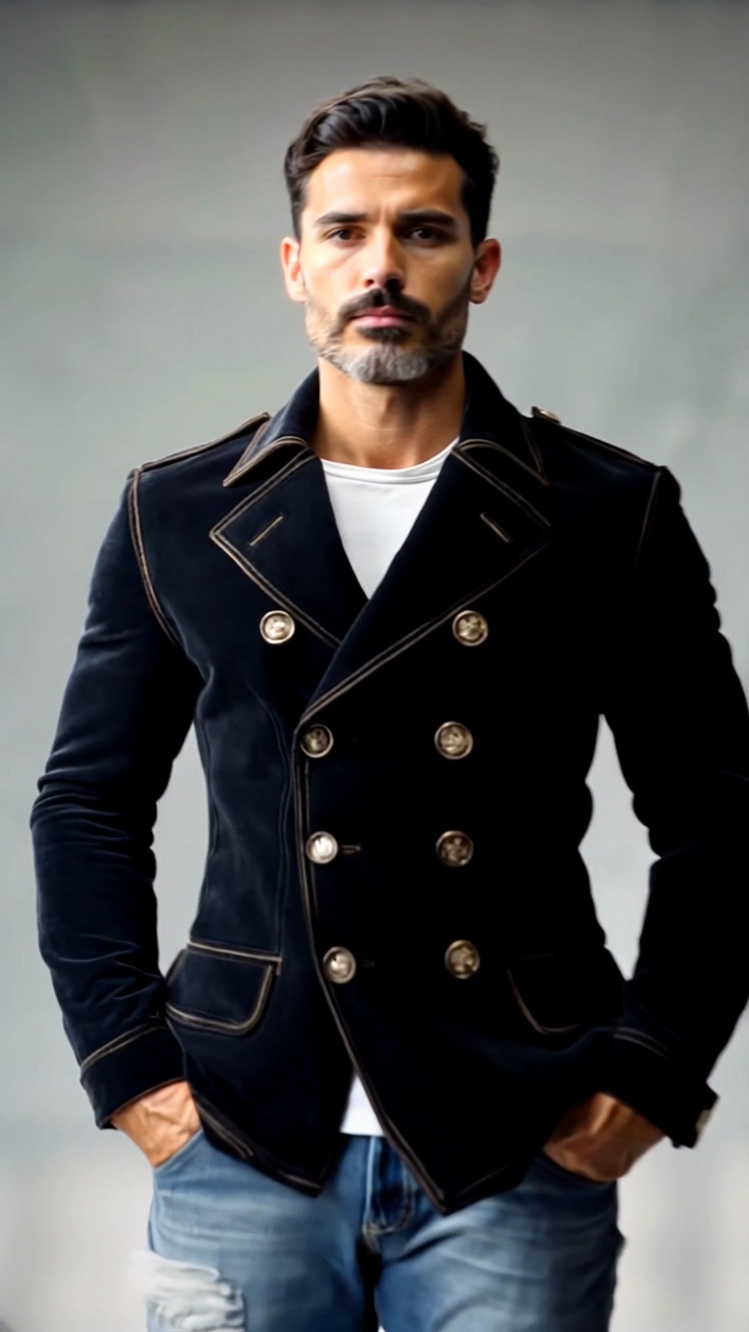 Sporty, structured double-breasted jacket in dark navy with prominent ...