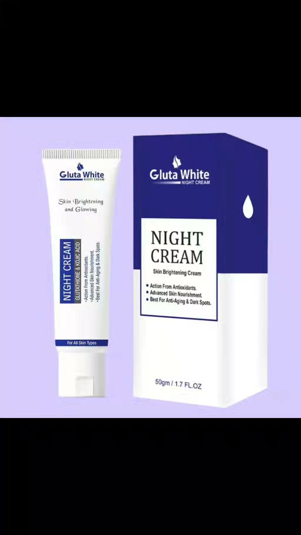 *Product Name*: Gluta White Night Cream 50gm All Skin Types Whitening Brightening *Product Description*: Gluta White Night Cream 50gm All Skin Types *Product Details*:Material: Cream, Texture: Smooth, 
