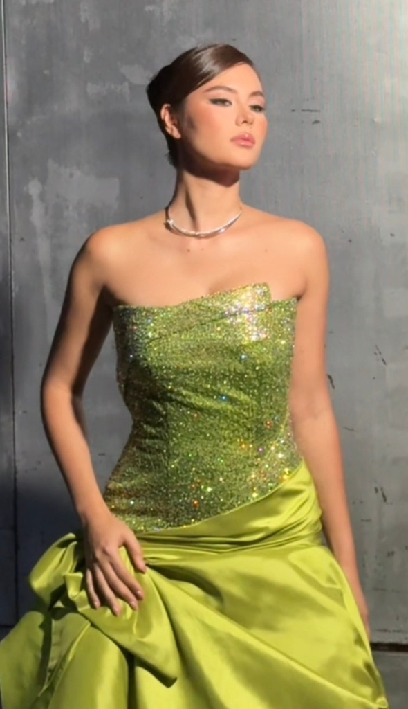 catriona gray green dress turned heads in a stunning ensemble at Binibining Pilipinas 2026, effortlessly showcasing timeless elegance, confidence, and undeniable beauty. #BBPilipinas2026CoronationNight Brown Boots
