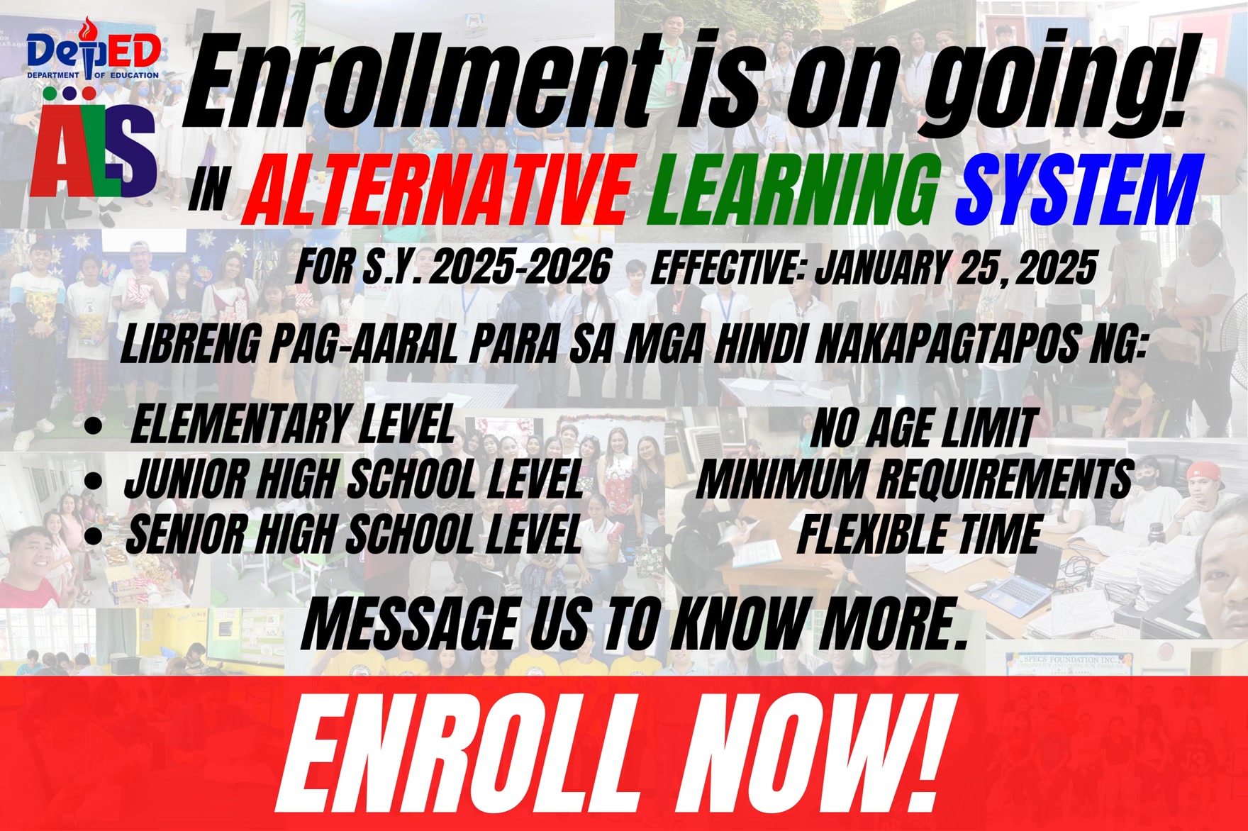 Enrollment for the Alternative Learning System (ALS) for the school ...