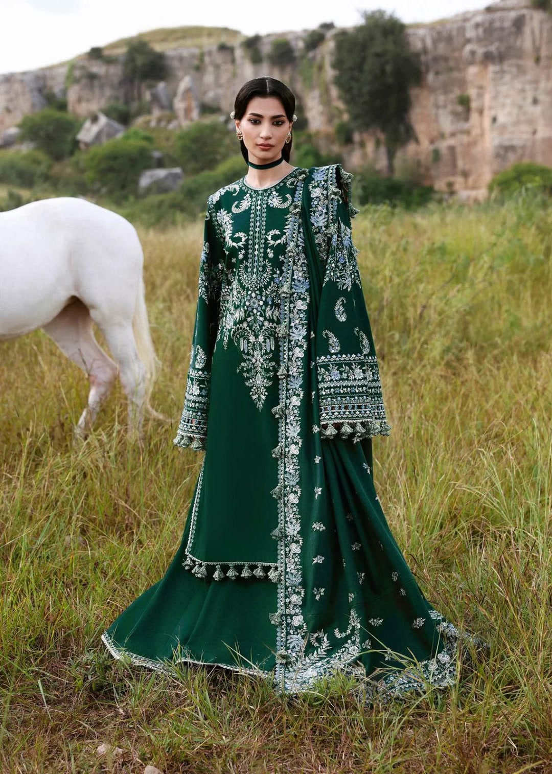 pakistani designer dresses online shopping Ehsan Wear, Coming Soon, Luxury Collection, New Arrival, Dresses, Ladies Suits, Embroidered Dresses, Chiffon Collection, Party Wear, Wedding Wear, Formal Collection, Design NF25 Nala | Green Asymmetric Color Code:013 Salwar kameez