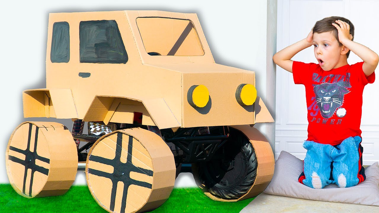 Artem builds a cardboard car and Ride on Toy Cars - Funny videos for ...