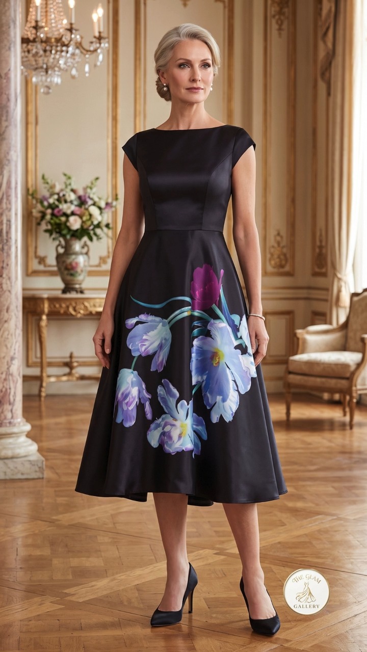 cocktail aline dress Looking for the perfect dress? This black satin A-line combines a timeless boat neckline with a dramatic and colorful placement floral print on the skirt. It's sophisticated, unique, party elegant cocktail dresses Offered in 60 colors. Size:LG (10/12) Georges Chakra Liquid Black Flat Chiffon