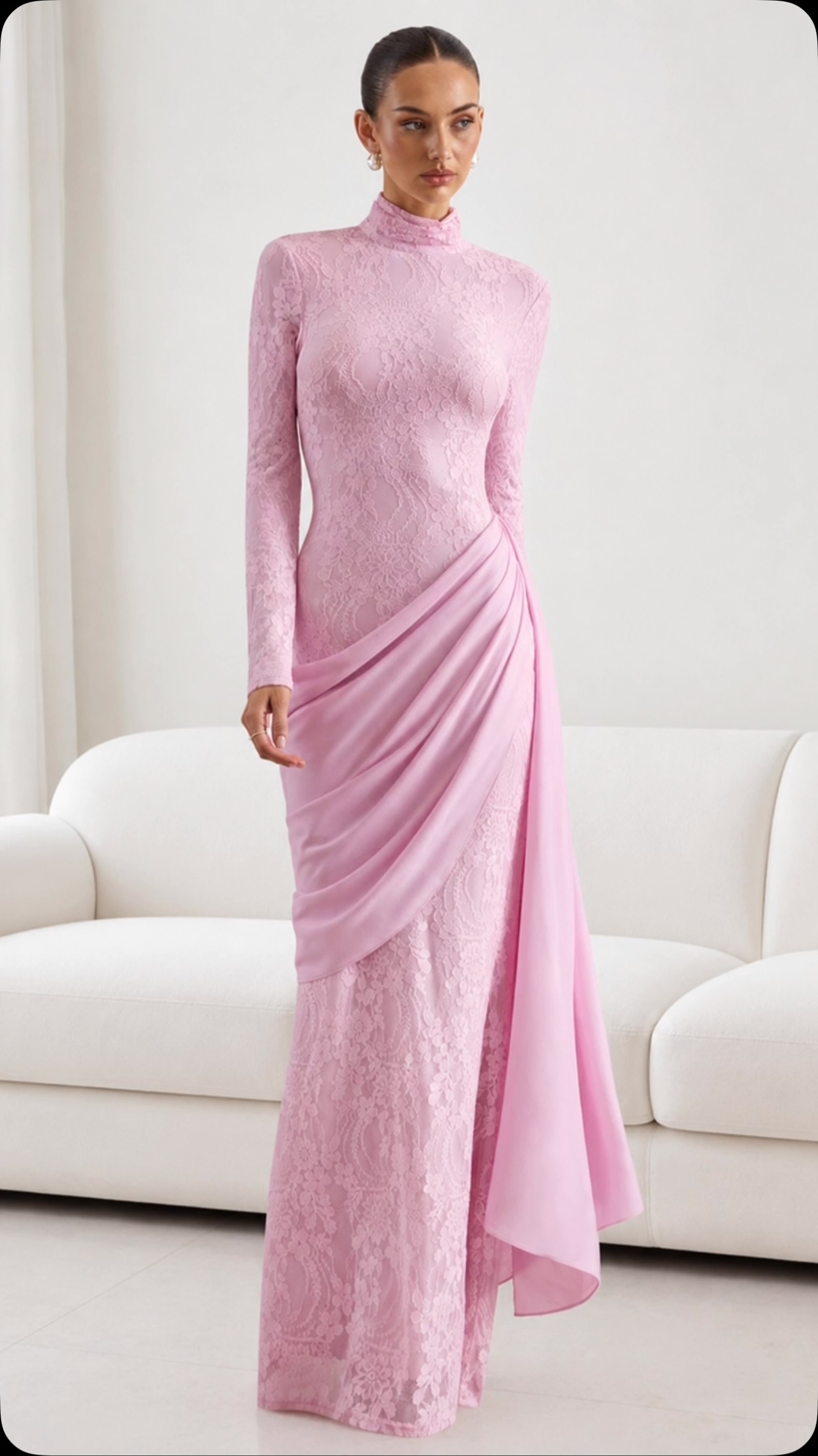 dress formal hire Eenestra Pink ✨, Soft, feminine & effortlessly elegant 💕, Featuring a stunning high neckline, delicate lace detailing and a beautifully draped skirt., The perfect pink moment for your next special SMD 4/15/26