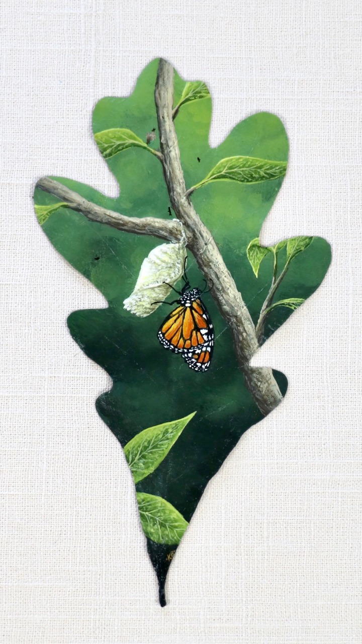 “Emergence” - Painted on a preserved oak leaf 🦋 The transformation ...