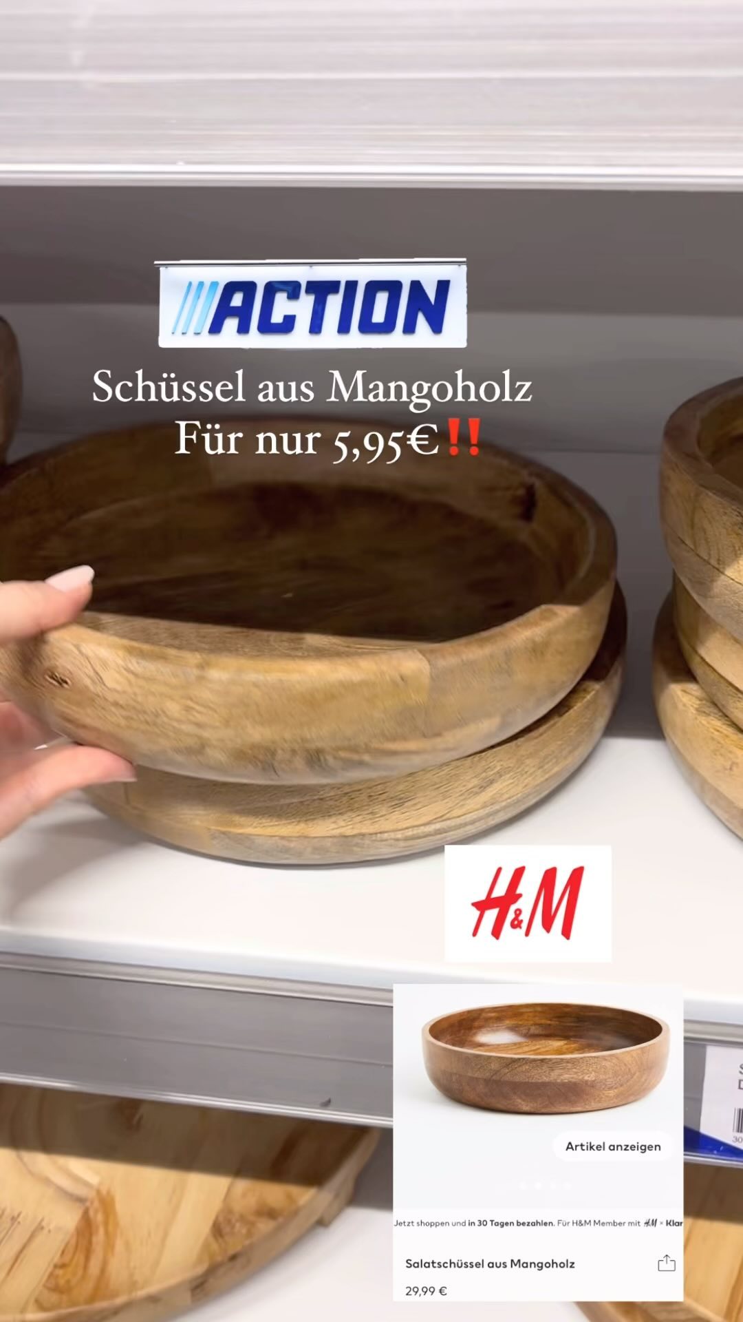 New Action Find: Schüssel aus Mangoholz für nur 5,95€‼️, Bei H&M Home gibt es so eine ähnliche Schüssel für 29,99€😳 voll überteuert , Bei Action findet man viele tolle Sachen aus Holz für die Küche