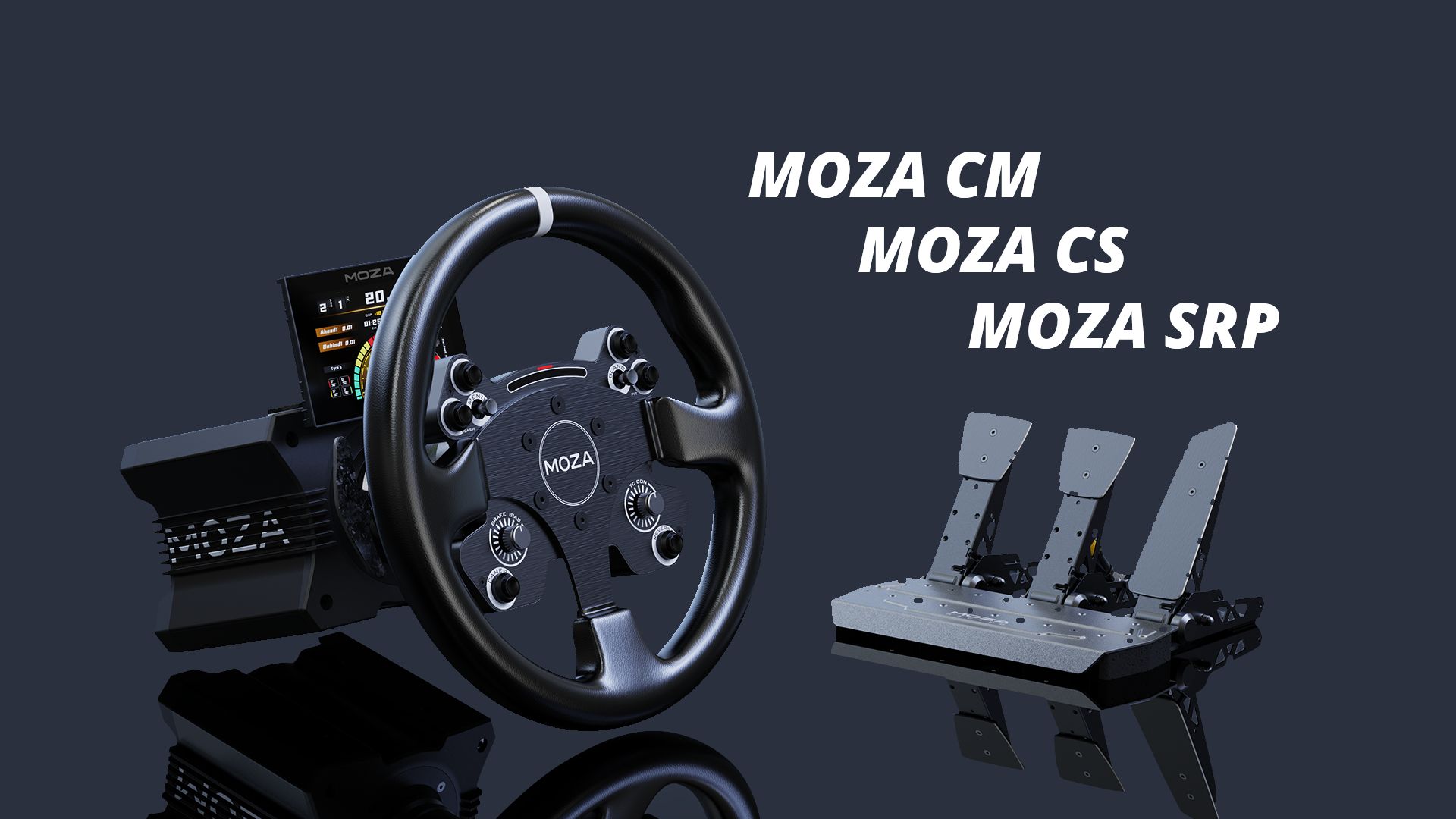 The MOZA CS wheel, CM digital dash, and SRP pedals are officially 