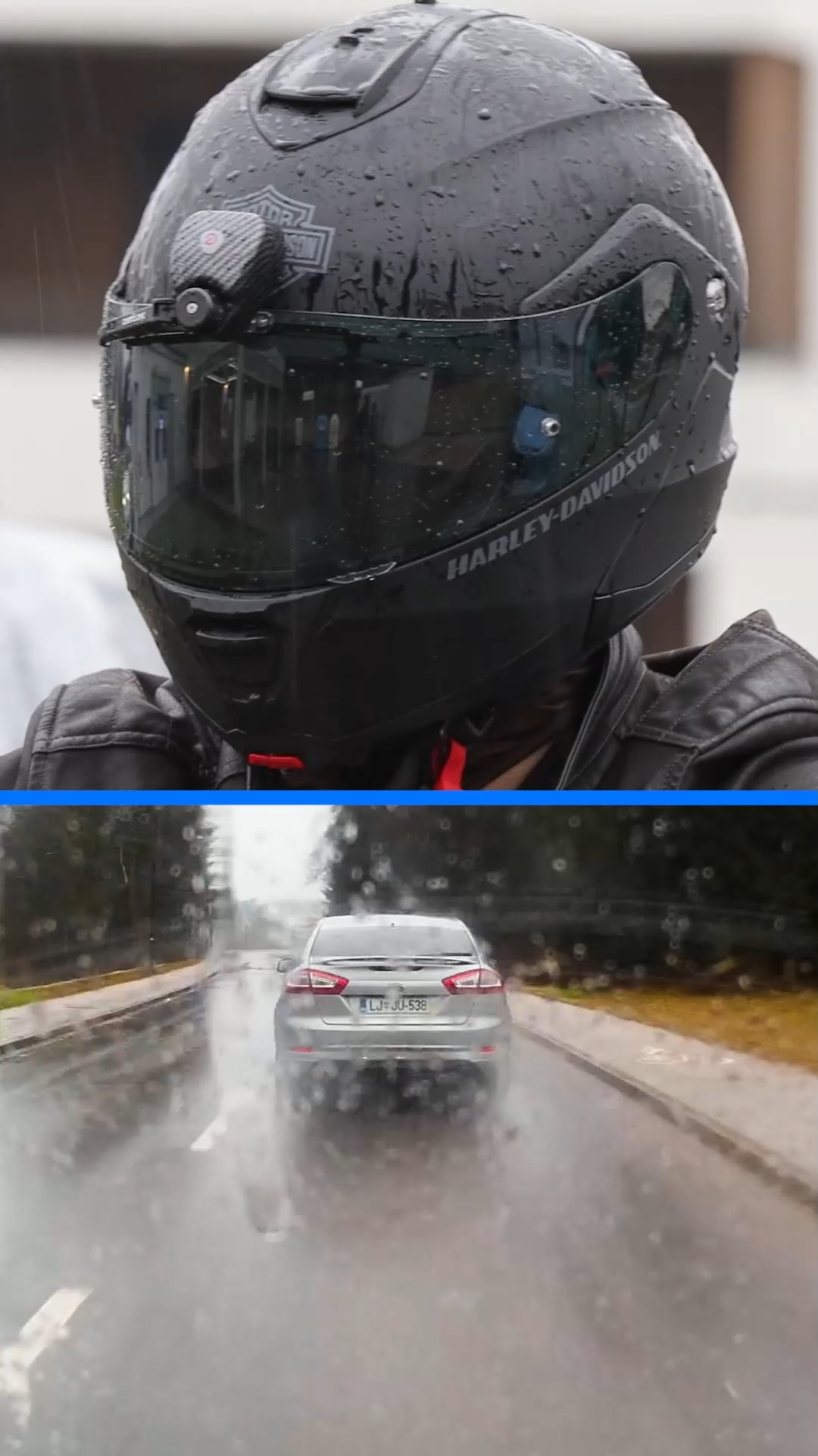 black rain head severed in motorcycle helmet Lumos Nyxel Smart Bike I can see clearly now