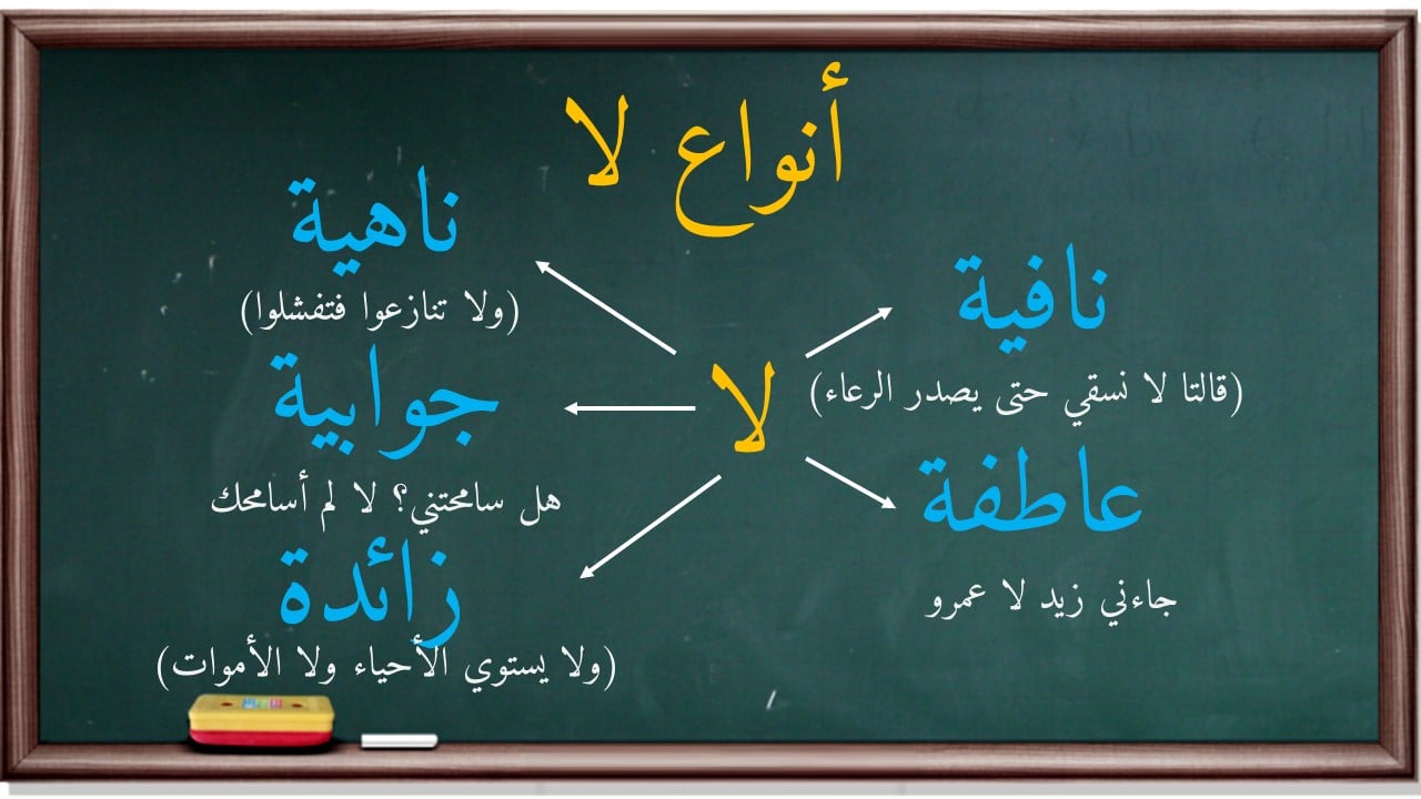 (لا) تنقسم إلى خمسة أنواع: 1- لا النافية. 2- لا الناهية. 3- لا الجوابية ...