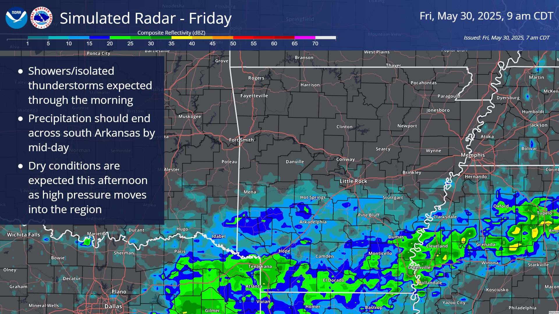 Showers and isolated thunderstorms will continue over southern Arkansas ...