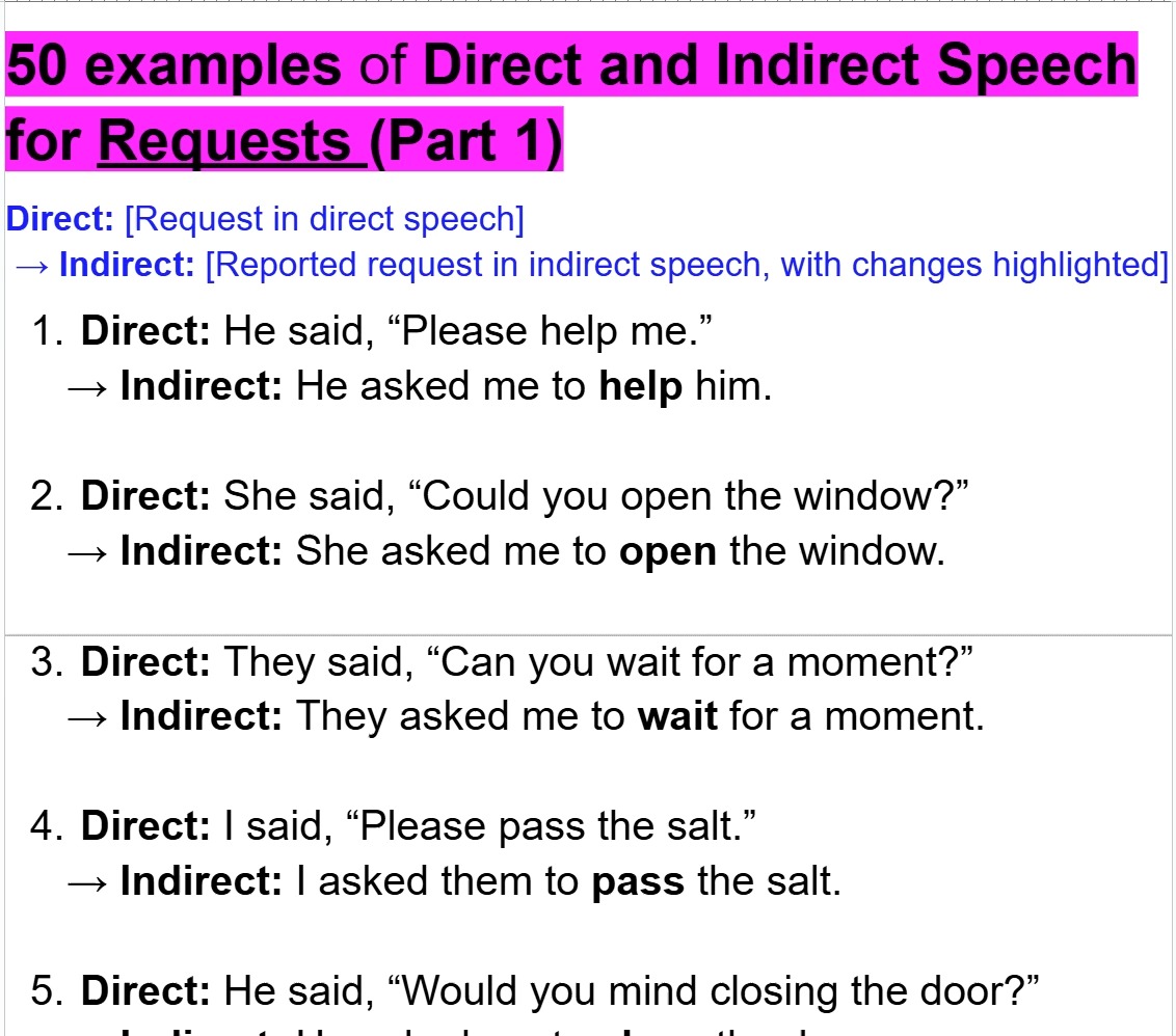 50 examples of Direct and Indirect Speech for Requests (Part 1 ...