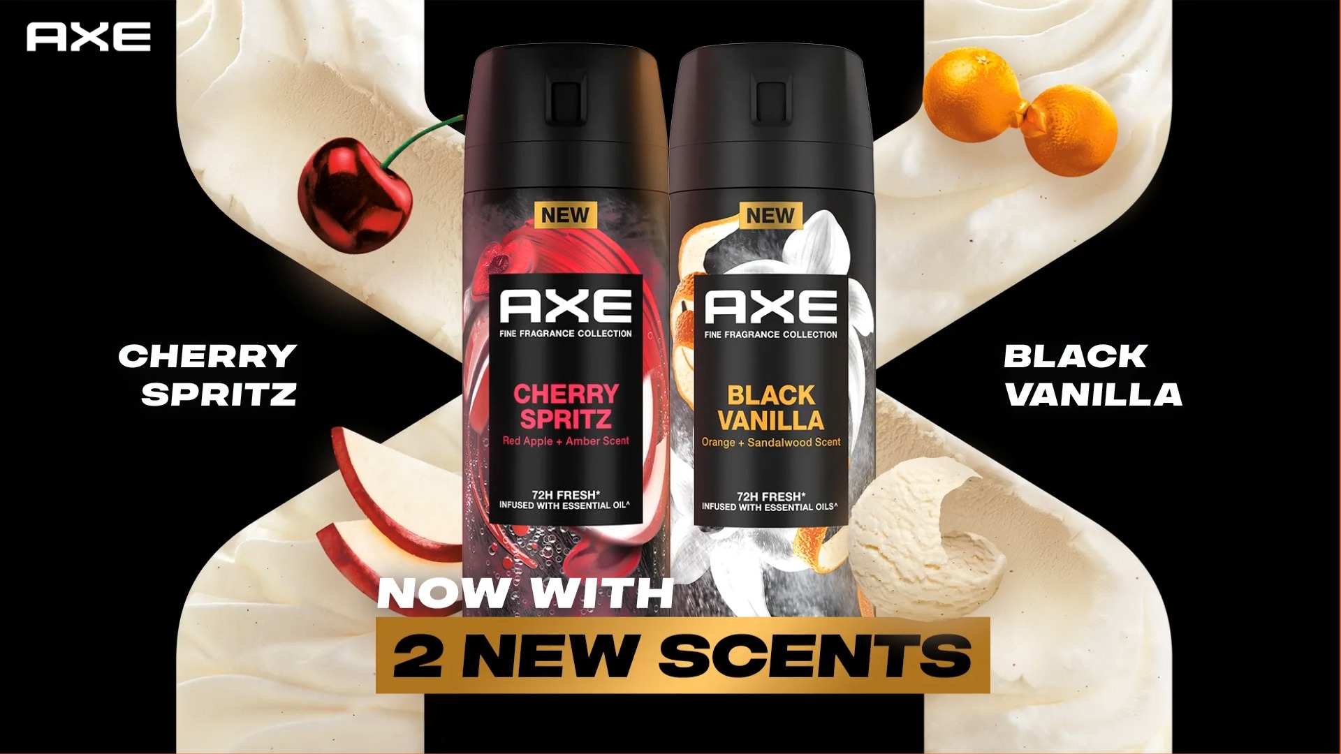 Introducing two new scents to the Axe Fine Fragrance Collection: Axe Cherry Spritz and Axe Black Vanilla. ​, Discover your new favorite fragrance, available online and at all leading beauty, health,