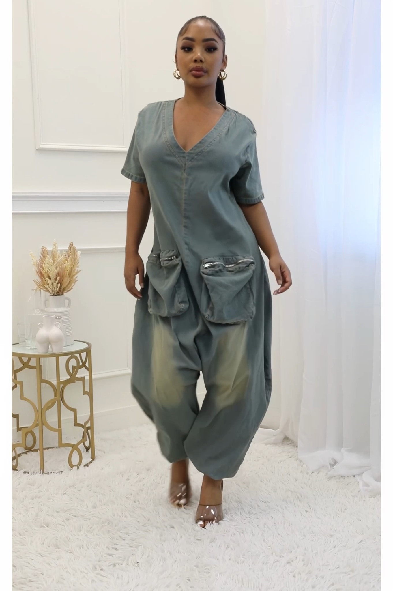 Zip Front Cotton Denim Jumpsuit as customized by Debbie. Click to